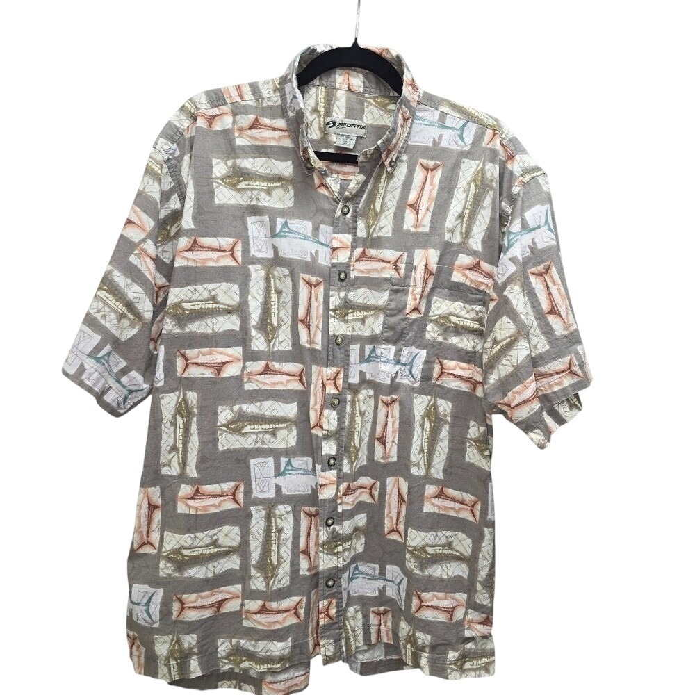 Sportif USA Fish Print Button Up Shirt Men's L 100% Cotton Costal Beach Resort